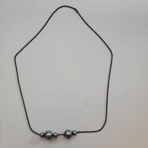 Gray Metallic Bead Choker 14 Inch Black Chain Necklace Vintage Costume Jewelry